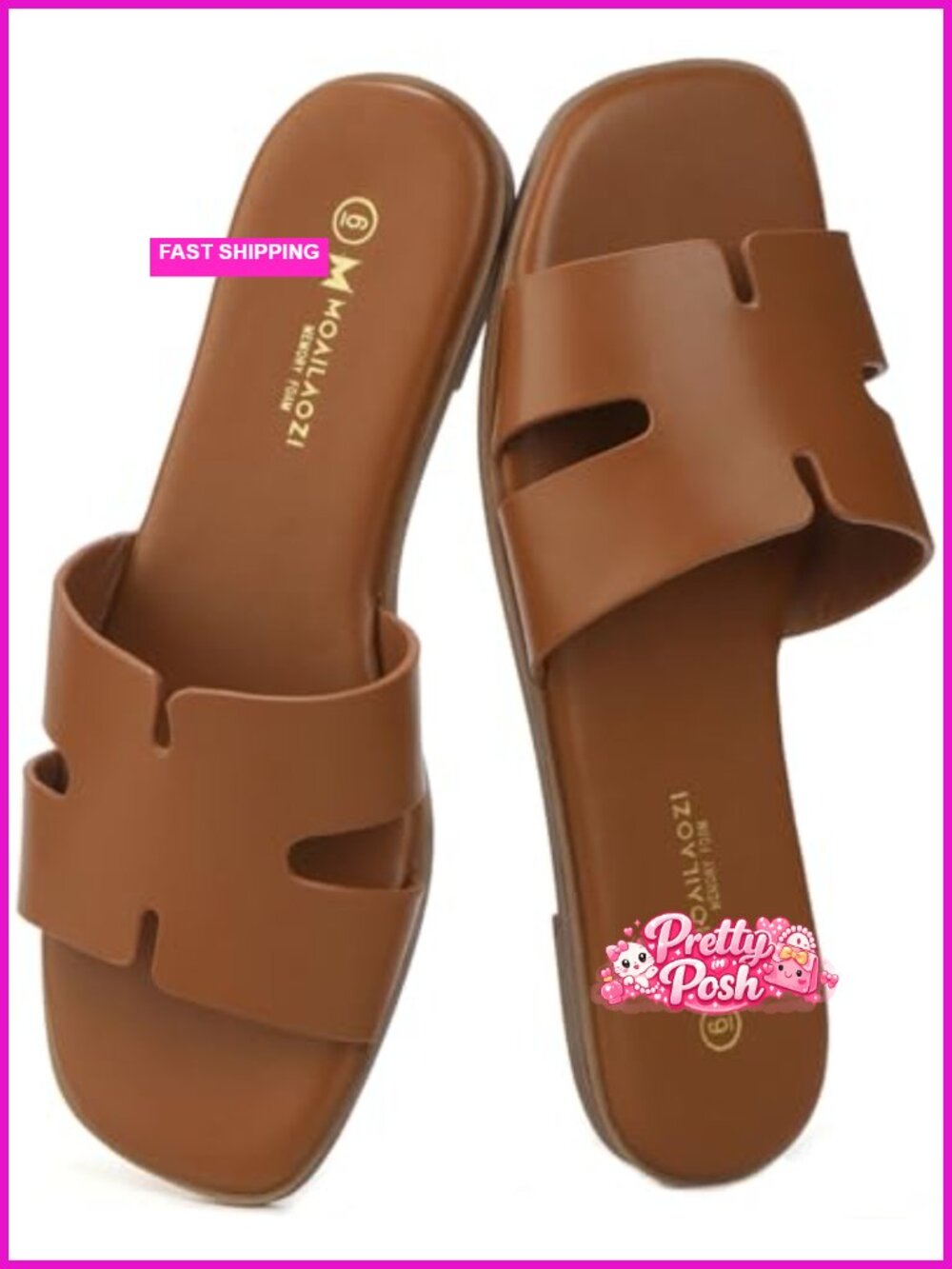 Women's Memory Foam Slide Sandals Faux Leather Square Toe Slip On